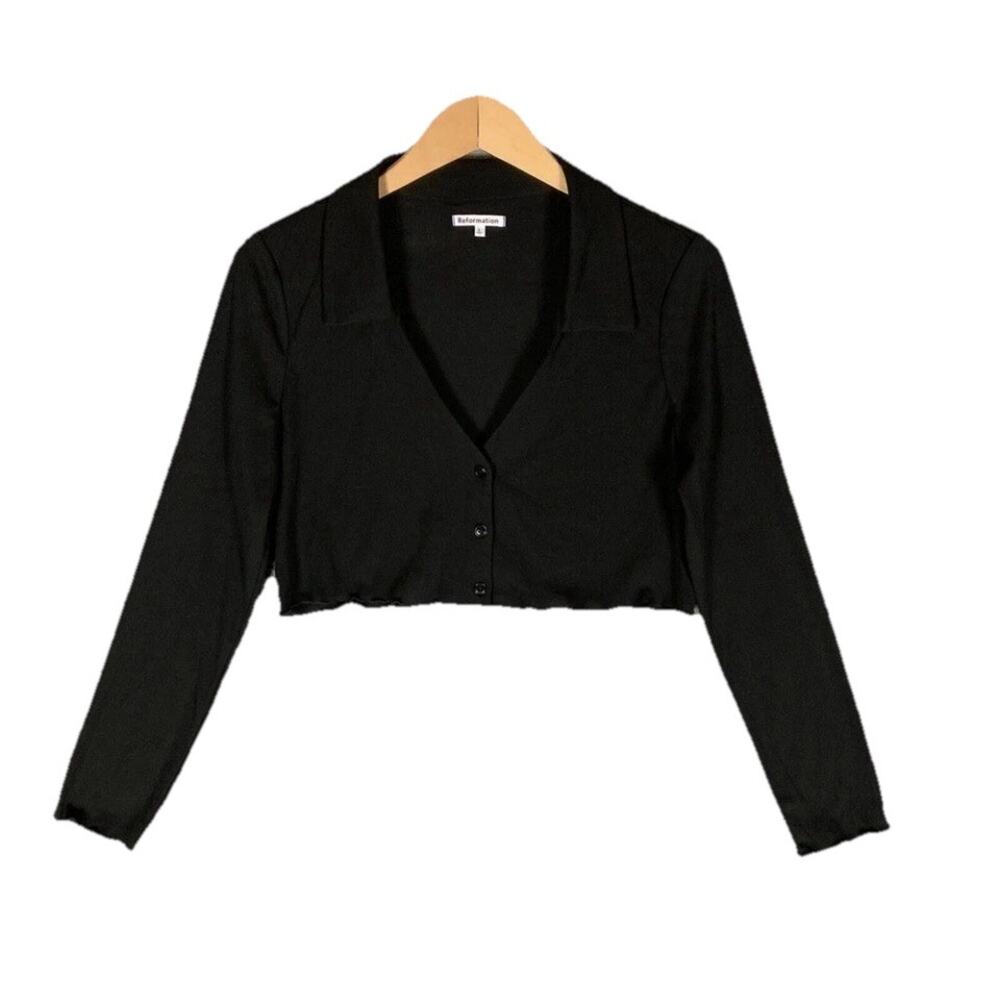 Reformation Womens XS Black Button Up Long Sleeve Collared Top Crop Sexy B17